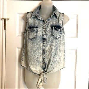 Stonewashed Sleeveless Denim Tie Front Top